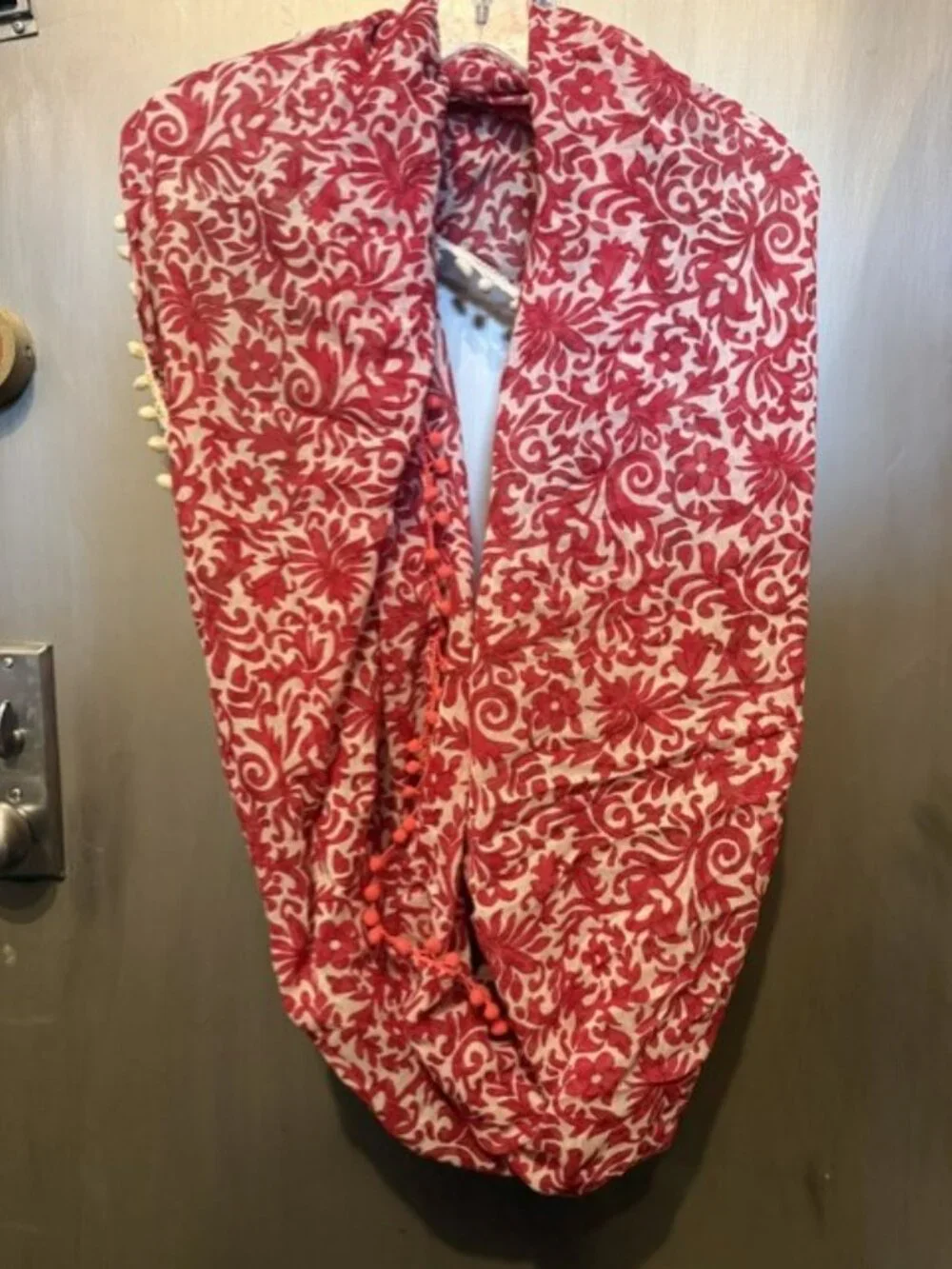 Boho Red & White paisley Infinity scarf with Pom-poms